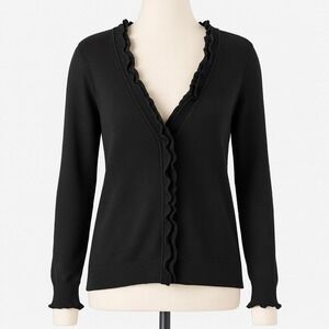 J Crew Whimsigoth Lambs Wool Cardigan Size M Black Ruffle Dark Romantic Preppy